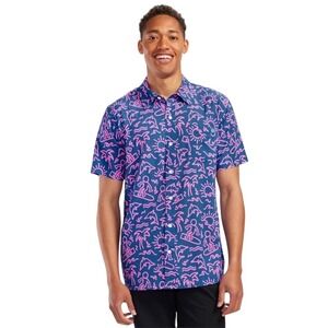 Tipsy Elves Men's Hawaiian Shirt XL Blue Pink Surfing Dolphin Palm Tree Print